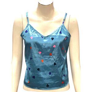 CCC Heart Pattern Satin Camisole Top Adjustable Spaghetti Straps Blue Size Mediu